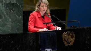 Canadian Foreign Minister Melanie Joly addresses the eleventh emergency special session of the General Assembly, Feb. 22, 2023, at United Nations headquarters.