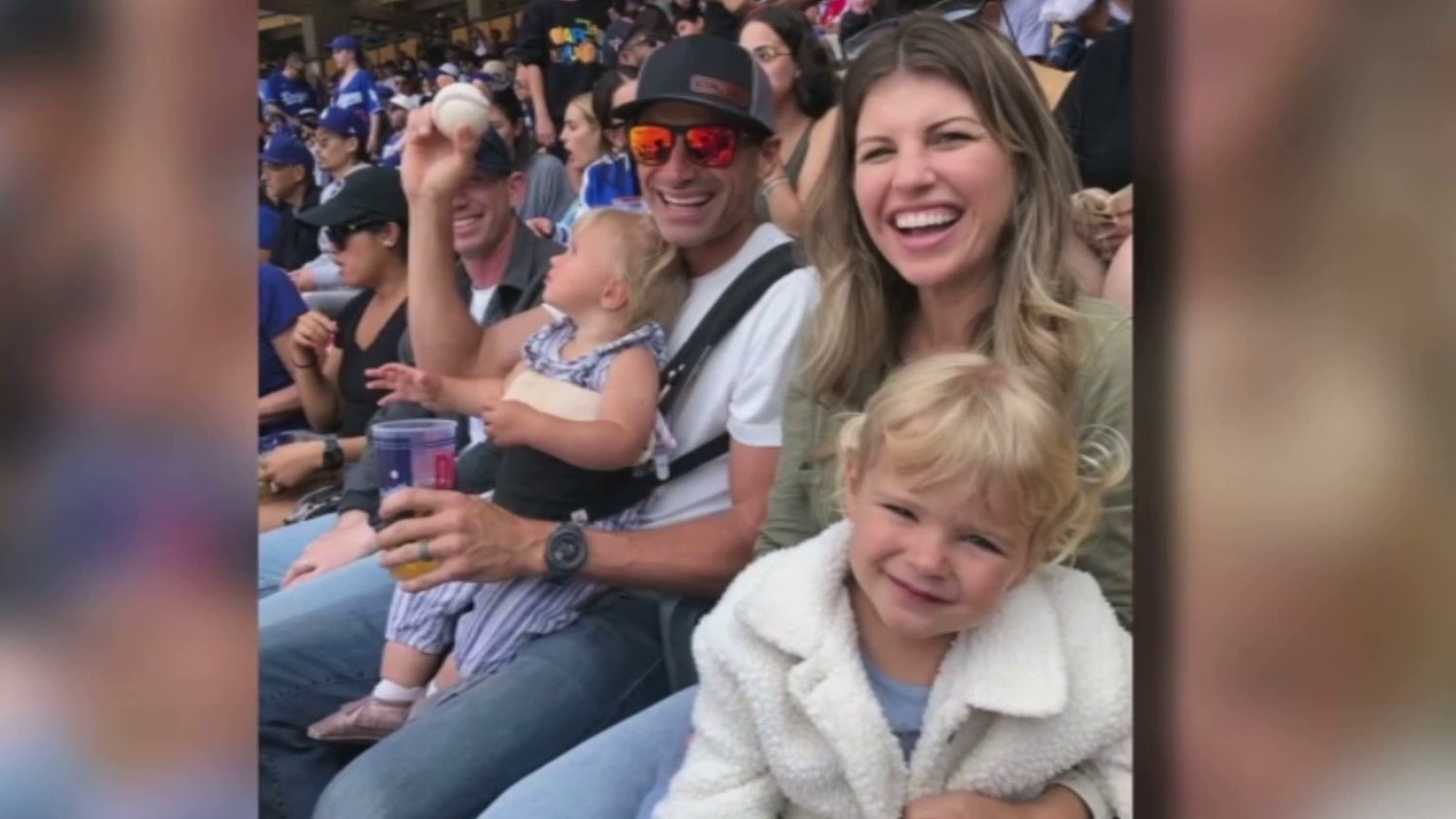 Dad With Baby Strapped to Chest Catches Ball at Dodger Stadium