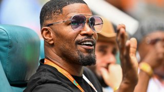 US actor Jamie Foxx attends the mens quater-final match between Christopher Eubanks of the US and Daniil Medvedev of Russia at the 2023 Miami Open
