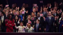 Catherine, Princess of Wales, Princess Charlotte, Prince George and Prince William, Prince of Wales, in the Royal Box at the Coronation Concert in the grounds of Windsor Castle on May 7, 2023 in Windsor, England. 