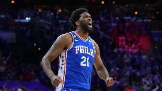 PHILADELPHIA, PA – APRIL 17: Joel Embiid #21 of the Philadelphia 76ers reacts against the Brooklyn Nets during Game Two of the Eastern Conference First Round Playoffs at the Wells Fargo Center on April 17, 2023 in Philadelphia, Pennsylvania. NOTE TO USER: User expressly acknowledges and agrees that, by downloading and or using this photograph, User is consenting to the terms and conditions of the Getty Images License Agreement. (Photo by Mitchell Leff/Getty Images)