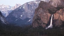 Water flows down Bridalveil Fall in Yosemite Valley on April 27, 2023 in Yosemite National Park, California.