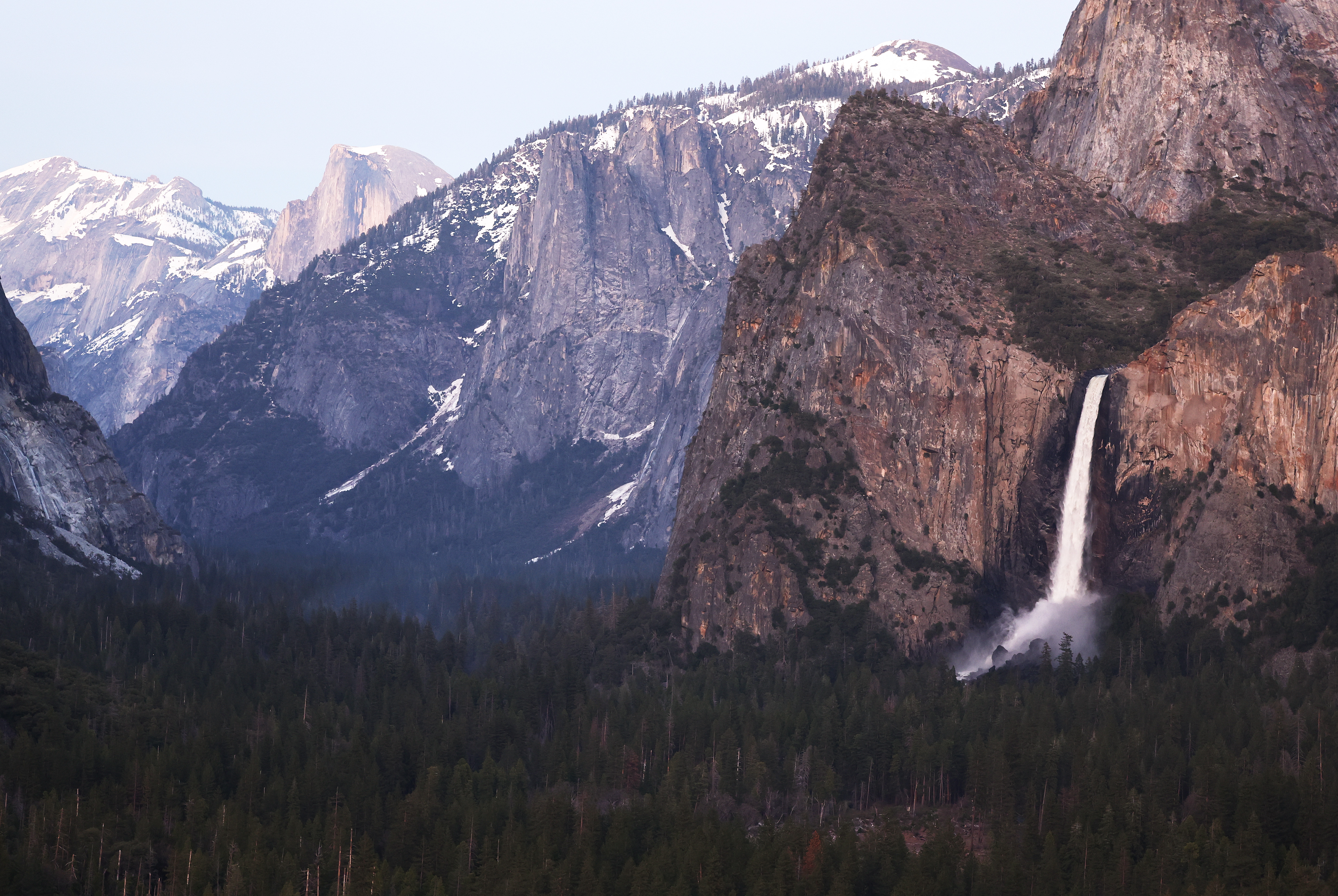 Water flows down Bridalveil Fall in Yosemite Valley on April 27, 2023 in Yosemite National Park, California.