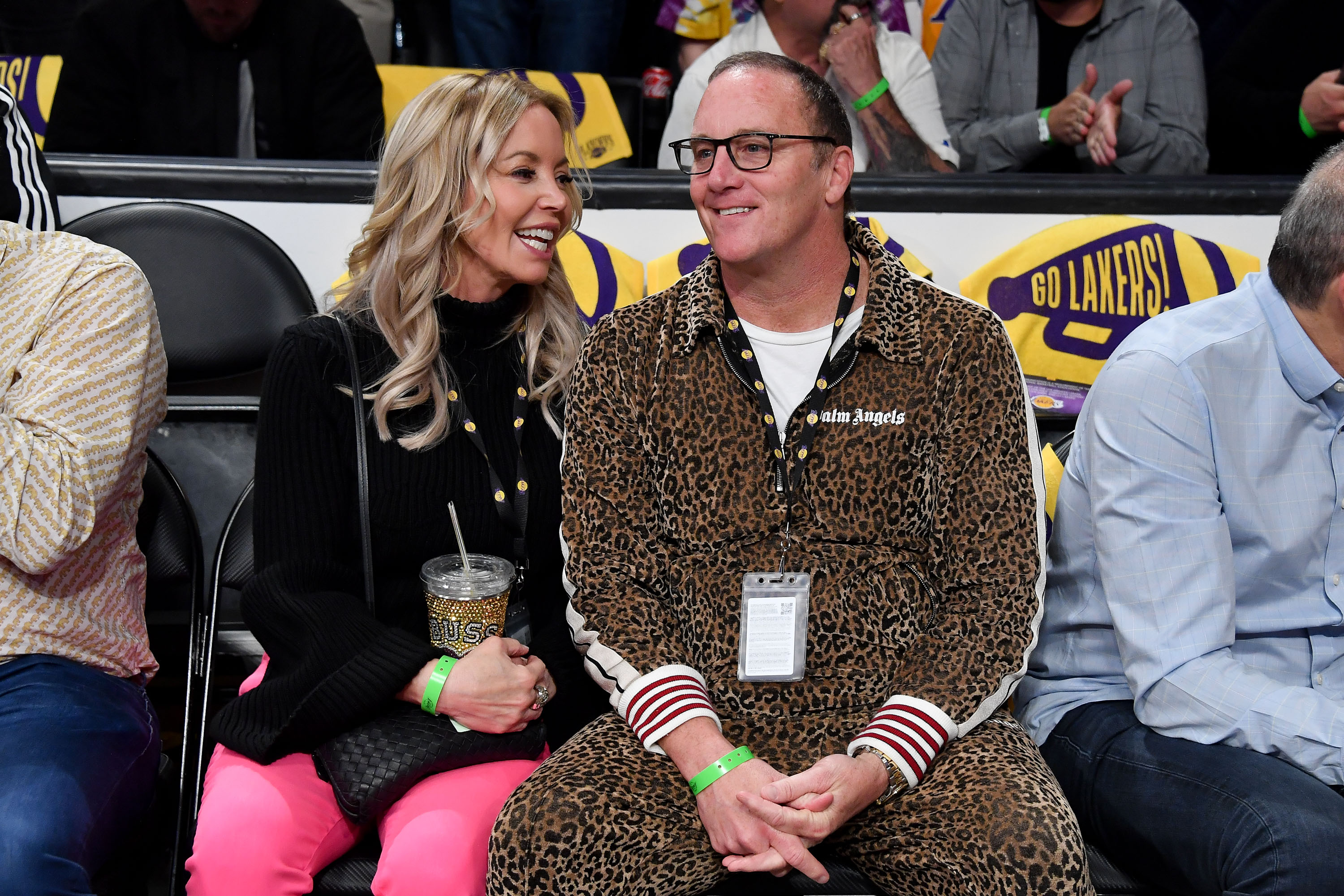 Jeanie Buss and Jay Mohr attend a playoff basketball game between the Los Angeles Lakers and the Golden State Warriors.