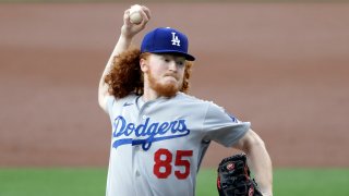 Los Angeles Dodgers starting pitcher Dustin May works against a San Diego Padres batter during the first inning of a baseball game Tuesday, Aug. 4, 2020, in San Diego. (AP Photo/Gregory Bull)