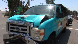 A Hollywood Bus Tour van was damaged in a crash Monday May 8, 2023.