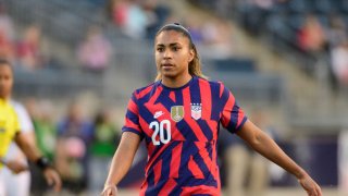 Catarina Macario #20 of the United States during a game between Uzbekistan and USWNT at Subaru Park on April 12, 2022 in Chester, Pennsylvania.