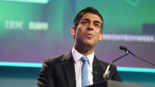 British Prime Minister Rishi Sunak speaks to the media during London Tech Week at the QEII centre on June 12, 2023.