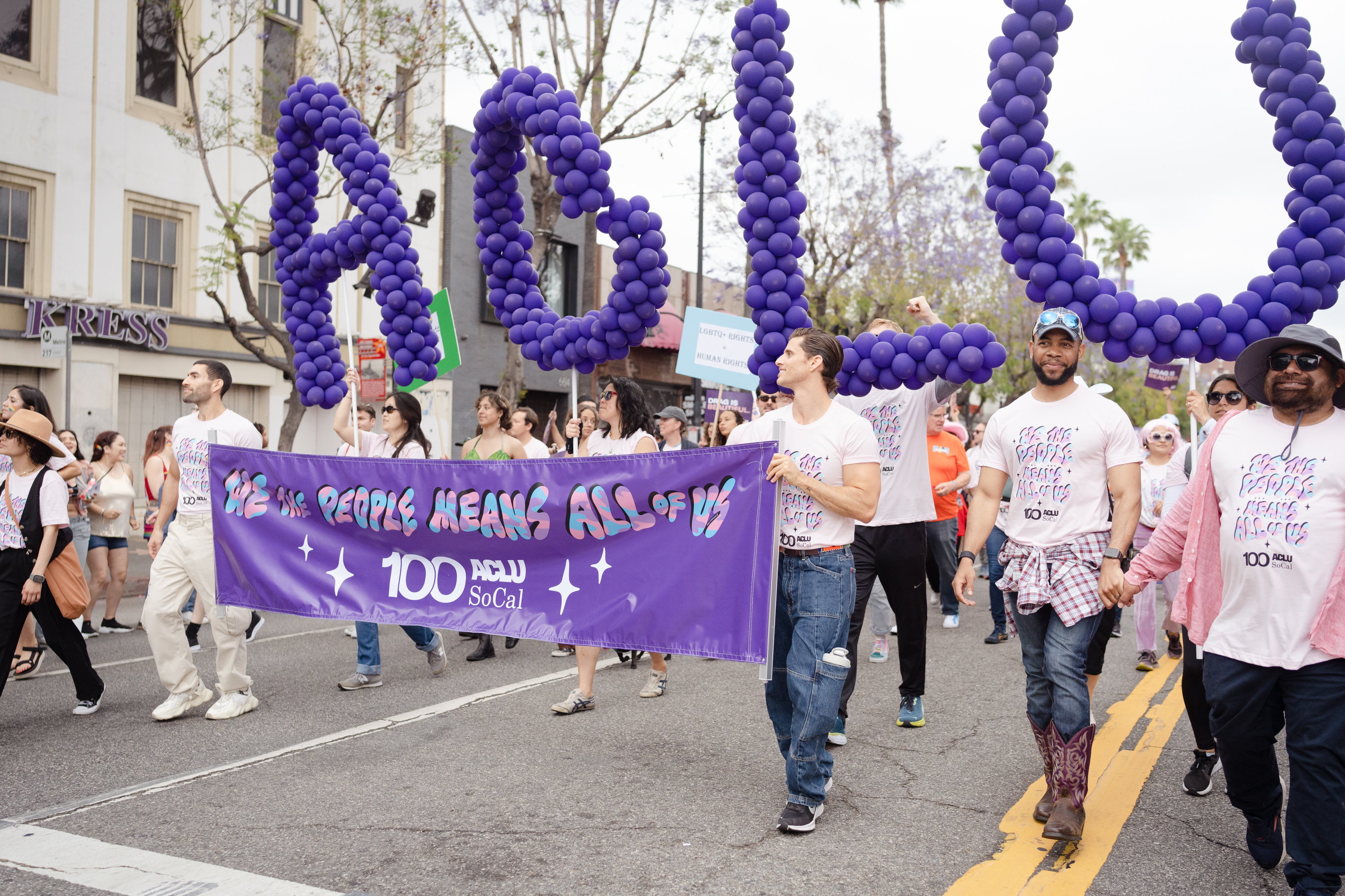 Members of the American Civil Liberties Union (ACLU) during the LA Pride Parade in Los Angeles, California, US, on Sunday, June 11, 2023. Comedian Margaret Cho serves as a grand marshal of the LA Pride Parade as the annual procession returns for its 53rd year. Photographer: Morgan Lieberman/Bloomberg via Getty Images