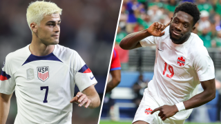 Giovanni Alejandro Reyna of the United States (left) and Alphonso Davies of Canada (right).