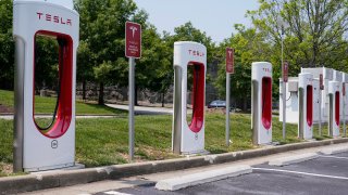 A Tesla electronic vehicle charging station