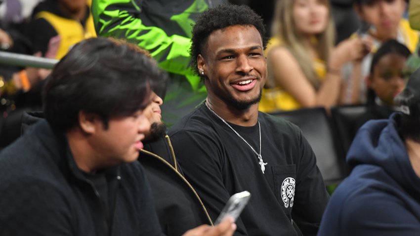 LOS ANGELES, CA – APRIL 28: Bronny James courtside during the game during Round 1 Game 6 of the 2023 NBA Playoffs on April 28, 2023 at Crypto.Com Arena in Los Angeles, California.