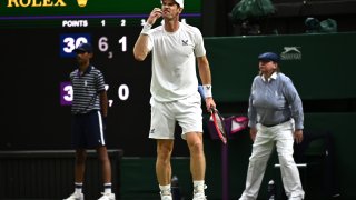 LONDON, ENGLAND – JULY 06: Andy Murray of Great Britain reacts against Stefanos Tsitsipas of Greece in the Men’s Singles second round match during day four of The Championships Wimbledon 2023 at All England Lawn Tennis and Croquet Club on July 06, 2023 in London, England.