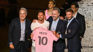 Argentine soccer star Lionel Messi (2nd L) is presented by (from R) owners of Inter Miami CF David Beckham, Jose R. Mas and Jorge Mas as the newest player for Major League Soccer’s Inter Miami CF, at DRV PNK Stadium in Fort Lauderdale, Florida, on July 16, 2023. (Photo by GIORGIO VIERA / AFP) (Photo by GIORGIO VIERA/AFP via Getty Images)