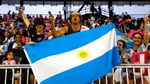 FORT LAUDERDALE, FLORIDA - JULY 16: Fans pose prior to Inter Miami CF hosting "The Unveil" introducing Lionel Messi at DRV PNK Stadium on July 16, 2023 in Fort Lauderdale, Florida. (Photo by Mike Ehrmann/Getty Images)