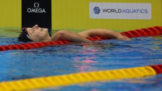 Katie Ledecky after winning the women's 800m freestyle final on day seven of the Fukuoka 2023 World Aquatics Championships.