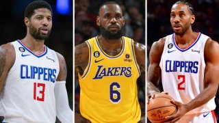 Paul George (L), LeBron James (C) and Kawhi Leonard (R) could all hit free agency in 2024.