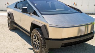 The Tesla Cybertruck during a tour of the Elkhorn Battery energy storage system in Moss Landing, California, June 6, 2022.