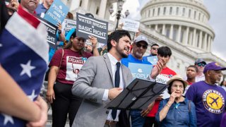 Rep. Greg Casar, D-Texas, speaks during a Vigil and Thirst Strike for Workers’ Rights on the House steps of the U.S. Capitol on July 25, 2023.