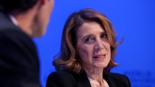 Ruth Porat, Alphabet’s chief financial officer, appears on a panel session at the World Economic Forum in Davos, Switzerland, on May 24, 2022.