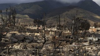 A general view shows the aftermath of a wildfire in Lahaina, Hawaii, Monday, Aug. 21, 2023.