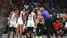 ATLANTA, GA - MAY 11: Los Angeles Sparks huddles with Head Coach Derek Fisher during the game against the Atlanta Dream on May 11, 2022 at State Farm Arena in Atlanta, Georgia. NOTE TO USER: User expressly acknowledges and agrees that, by downloading and/or using this Photograph, user is consenting to the terms and conditions of the Getty Images License Agreement. Mandatory Copyright Notice: Copyright 2022 NBAE (Photo by Adam Hagy/NBAE via Getty Images)