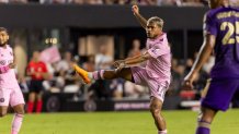 FORT LAUDERDALE, FL - AUGUST 02: Inter Miami forward Josef Martínez (17) watches his shot head towards the goal during the Round of 32 Leagues Cup match between Inter Miami CF and Orlando City on August 2, 2023, at DRV PNK Stadium in Fort Lauderdale, FL. (Photo by David Buono/Icon Sportswire via Getty Images)