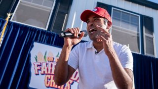 US entrepreneur and 2024 Presidential hopeful Vivek Ramaswamy raps after doing a Fair Side Chat with Governor Kim Reynolds, at the Iowa State Fair