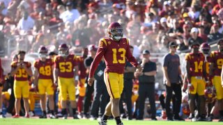USC Trojans defeated the San Jose State Spartans 56-28 during a NCAA football game at the Los Angeles Memorial Coliseum in Los Angeles.