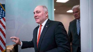 FILE - House Majority Leader Steve Scalise, R-La., joined at right by Majority Whip Tom Emmer, R-Minn., arrives for a news conference at the Capitol in Washington, June 6, 2023.