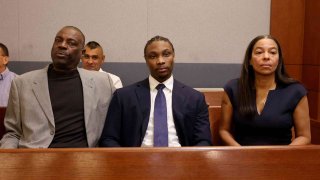 Former Raiders player Henry Ruggs, center, waits in court for a hearing at the Regional Justice Center in Las Vegas Tuesday, May 2, 2023.