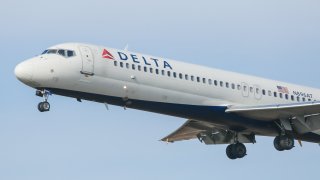 Delta Air Lines Boeing 717-200 airplane as seen on the final approach landing at New York JFK John F. Kennedy International Airport, NYC, USA.