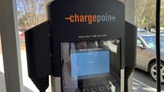 A ChargePoint electric vehicle charging station at Walnut Creek City Hall parking lot, Walnut Creek, California, April 18, 2023.