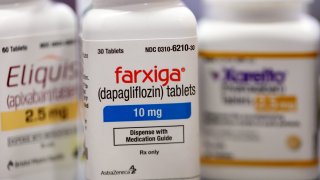 In this photo illustration, Farxiga is made available to customers at the New City Halsted Pharmacy on August 29, 2023 in Chicago, Illinois.