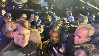 Ford CEO Jim Farley speaks with media after revealing the 2024 Ford F-150 for the Detroit auto show on Sept. 12, 2023.