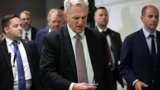 U.S. Speaker of the House Kevin McCarthy makes his way to a Republican caucus meeting at the U.S. Capitol Building in Washington, D.C., Sept. 20, 2023.