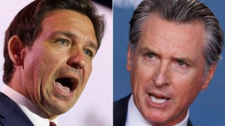 Florida Gov. Ron DeSantis, a Republican presidential candidate, left, and Democratic Gov. Gavin Newsom of California