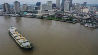 An aerial view of New Orleans can be seen from a drone above the Mississippi River on April 1, 2023 in New Orleans, La. 