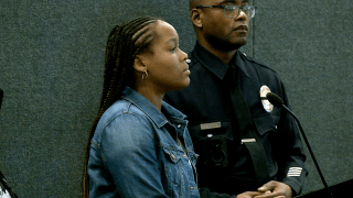 Bianca Palmer, who's sister was killed by LAPD officers, speaks at a meeting of the Board of Police Commissioners on Tuesday, September 19, 2023.