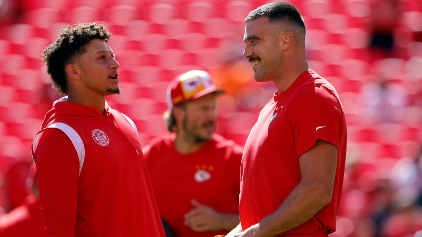 Patrick Mahomes of the Kansas City Chiefs and Travis Kelce of the Kansas City Chiefs warm up prior to a game against the Chicago Bears at GEHA Field at Arrowhead Stadium on Sept. 24, 2023 in Kansas City, Mo.