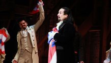 SAN JUAN, PUERTO RICO - JANUARY 27:  Lin-Manuel Miranda says goodbye to the audience at the end of the performance at the closing night of "Hamilton" at Centro de Bellas Artes on January 27, 2019 in San Juan, Puerto Rico.  (Photo by Gladys Vega/Getty Images)