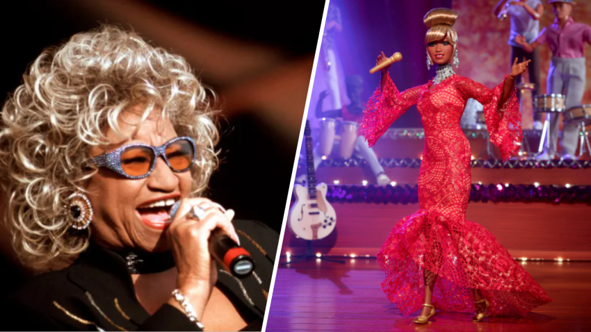 Cuban salsa singer Celia Cruz, left, and Mattel’s Celia Cruz Barbie Doll, right.