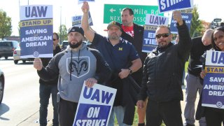 United Auto Workers members rally outside Stellantis’ Ram 1500 plant in Sterling Heights, Mich. after the union called a strike at the plant on Oct. 23, 2023.