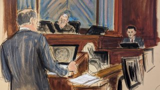 Courtroom sketch showing Sam Bankman Fried questioned by his attorney Mark Cohen. Judge Lewis Kaplan on the bench