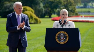 President Joe Biden applauds as actress Selma Blair speaks during an event to celebrate the Americans with Disabilities Act, on the South Lawn of the White House, Monday, Oct. 2, 2023, in Washington.