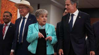 U.S. Secretary of State Antony Blinken, right, Mexican Secretary of Foreign Affairs Alicia Bárcena, center, and U.S. Ambassador to Mexico Ken Salazar, wearing hat