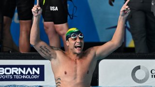 TOPSHOT – Brazil’s Felipe Ribeiro de Souza celebrates after winning the men’s 4 x 100m frestyle relay final swimming event of the Pan American Games Santiago 2023, at the Aquatics Centre in the National Stadium Sports Park in Santiago, on October 21, 2023.