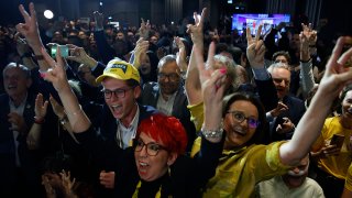 Supporters of the Third Way, a coalition of the centrist Poland 2050 party and the agrarian Polish People's Party, celebrate at the electoral headquarters in Warsaw, Poland, Oct. 15, 2023.