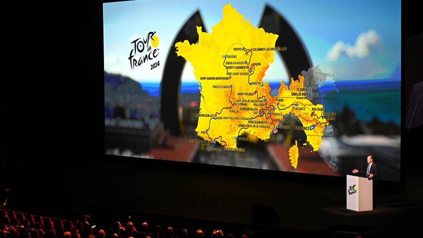 Christian Prudhomme of France Director of Le Tour de France presents the official route during the 111th Tour de France 2024 and third Tour de France Femmes 2024.