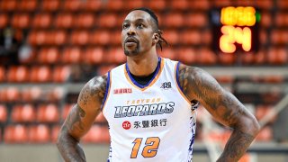 Center Dwight Howard of the Taoyuan Leopards reacts at the court during the T1 League game between TaiwanBeer HeroBears and Taoyuan Leopards at University of Taipei Tianmu Gymnasium on Feb. 19, 2023.